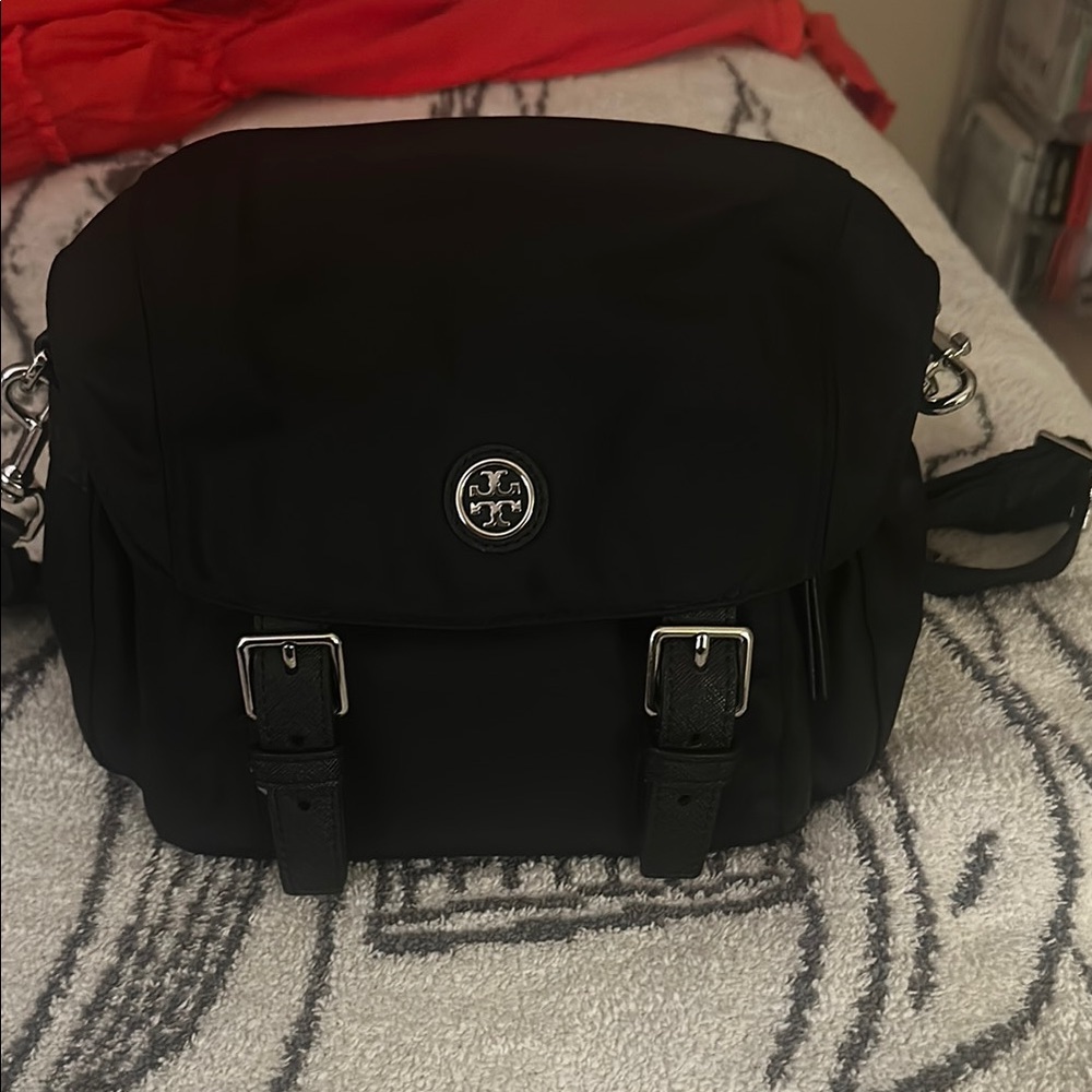 Tory Burch Black Messenger Bag with Silver Buckles